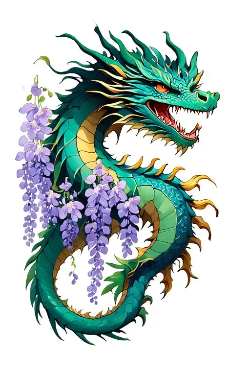 dragon and wisteria flowers entangled tattoo design idea