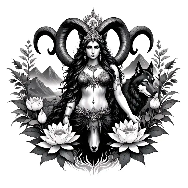 Aries goddess surrounded by poeny and lotus flowers with a black wolf and mountains range  tattoo design idea