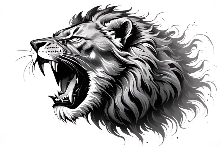 Hyper realistic black and gray tattoo of a roaring lion, front view, intense eyes, sharp teeth, powerful snarl, detailed tattoo design idea