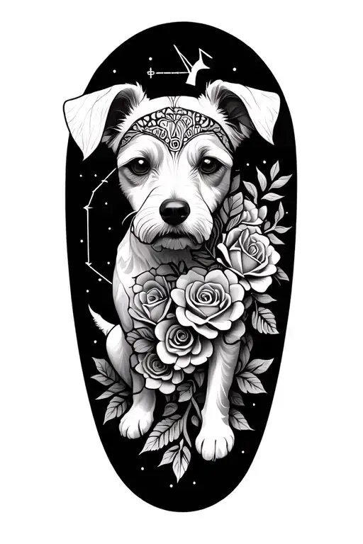 alebrije dog made of roses and honeysuckle, with a sagittarius constellation wrapped around the upper arm tattoo design idea
