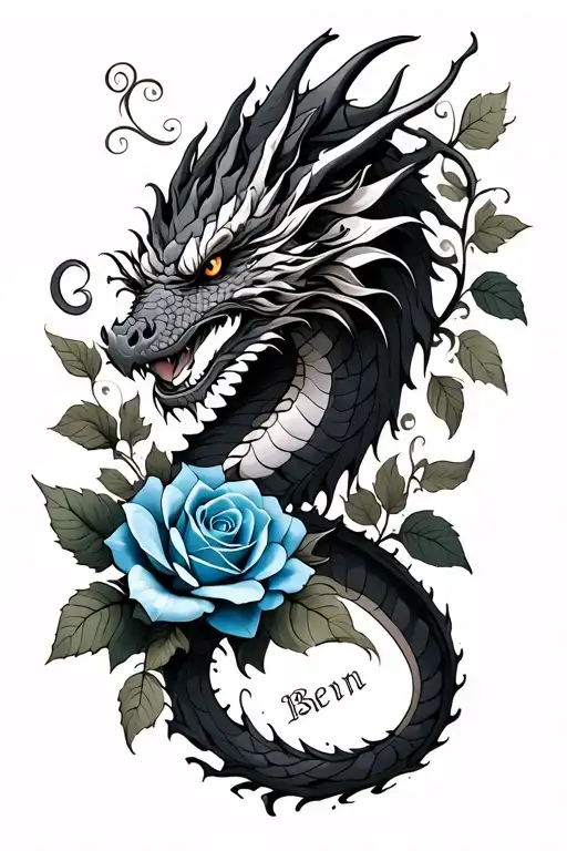 wraparound wrist. black and white dragon, intertwined with vines, couple of blue roses, name Ben on one leaf. tattoo design idea