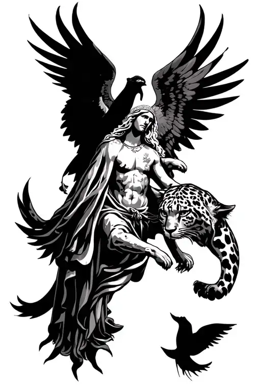 Poseidon, the Virgen Maria, an Aguila, a Las Nieves and Angel San Miguel Leopard tattoo design idea