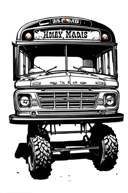 short bus in country with old ford pickup tattoo design idea