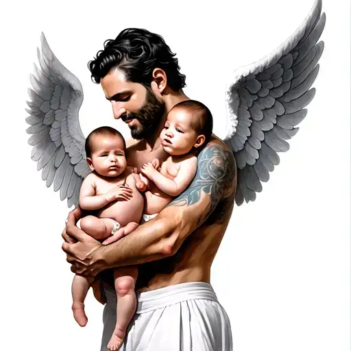 a dad holding 3 babies and one baby has angel wings  tattoo design idea