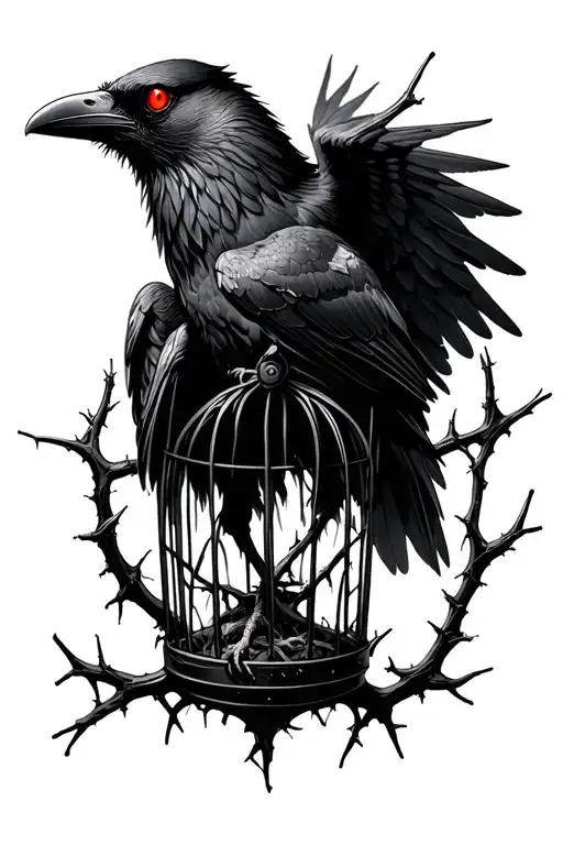 "Blackwork raven trapped in thorn cage, glowing red eyes, tattered wings, dotwork shading, dark fantasy forearm sleeve" tattoo design idea