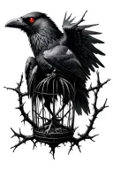 "Blackwork raven trapped in thorn cage, glowing red eyes, tattered wings, dotwork shading, dark fantasy forearm sleeve" tattoo design idea