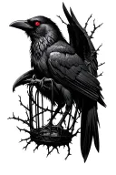 "Blackwork raven trapped in thorn cage, glowing red eyes, tattered wings, dotwork shading, dark fantasy forearm sleeve" tattoo design idea