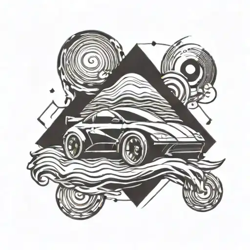 A tattoo design featuring a futuristic car speeding down a geometric road, with waves crashing in the background to represent your love for the beach. tattoo design idea