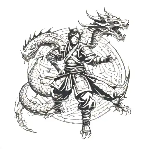 A futuristic cyber samurai battling a dragon in a virtual reality gaming world tattoo design idea