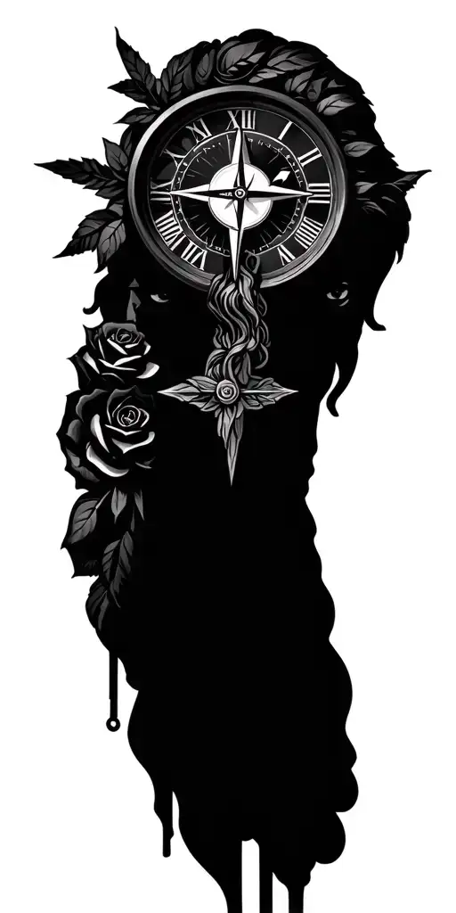 jesus cross and rose and clock and compass and jesus face tattoo design idea