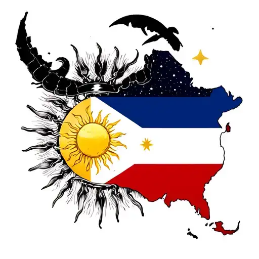 Create a cool tattoo art showing a Gay Philippines (Flag, Map) with Aries sun, moon in Scorpio, Cancer rising constellat tattoo design idea