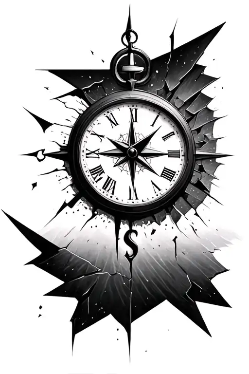 broken Half Clock with distorted Half Compass tattoo design idea