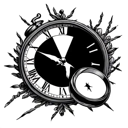 broken clock with strings attached with wedding date 7/11/2025 surrounding around wedding rings tattoo design idea
