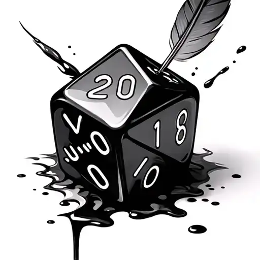I would like a D 20 dice with a quill behind it, luring over it with black ink dripping from the quill onto the dice tattoo design idea