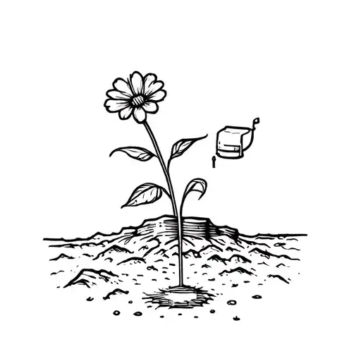 There is a mine sticking out of the ground, and a flower is growing out of the mine tattoo design idea