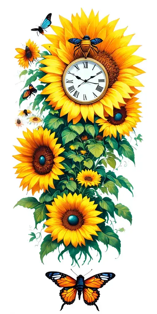 roots sun flowers bees butterflies clock tattoo design idea