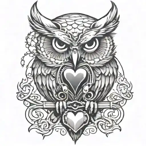 owl with a read heart with broken chains around its talons tattoo design idea