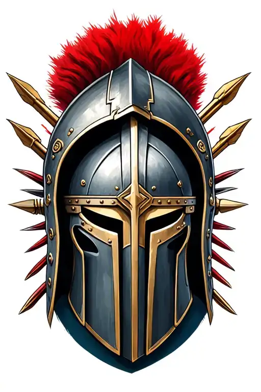 quarter-turned Spartan helmet with spears emerging behind it and the iconic red plume tattoo design idea