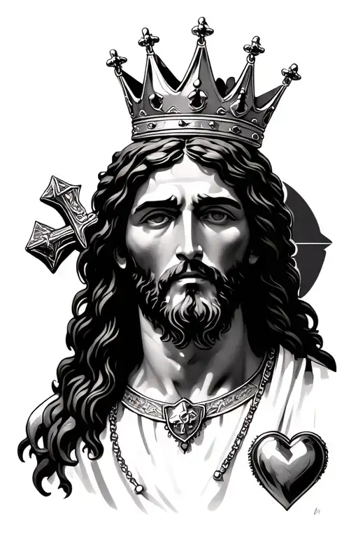 a thing of Jesus with a crown and a cross behind him and add like a chrome heart necklace  tattoo design idea