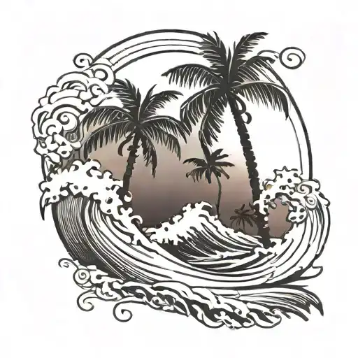 2 palm trees, sunset over waves, number 123 tattoo design idea