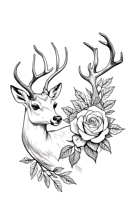 deer and rose intertwined black and white tattoo design idea