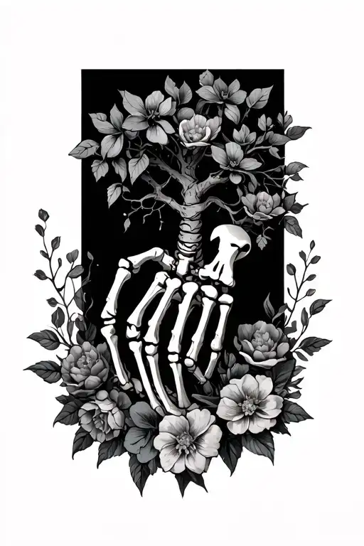 hand skeleton wit a poison tree and and flowers intertwined  tattoo design idea