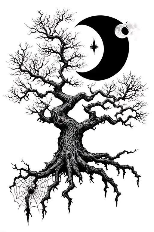 poison tree with spider/spider webs,crescent moon  tattoo design idea