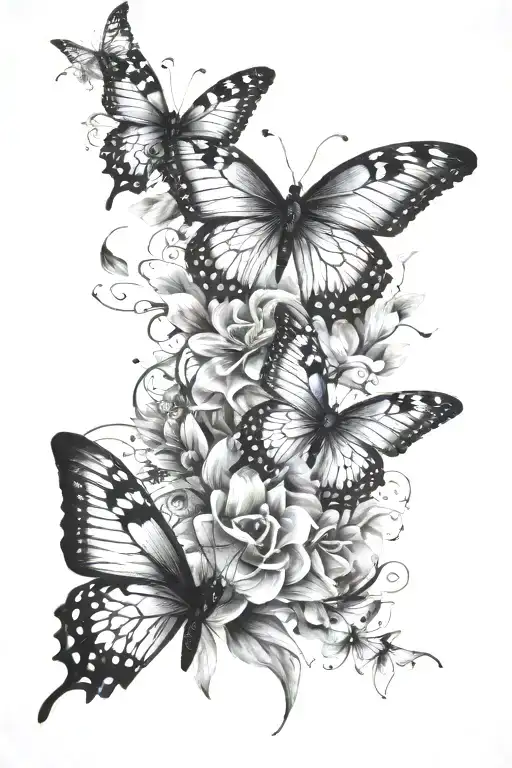 half sleeve for male. 2 small butterflies, one larger butterfly. musical elements to fill space. tattoo design idea