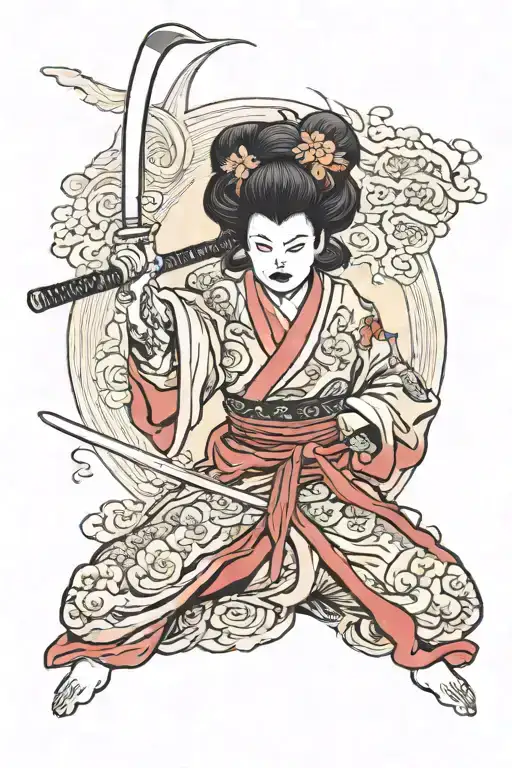 Japanese demon in the form of a woman with a katana in her hand tattoo design idea