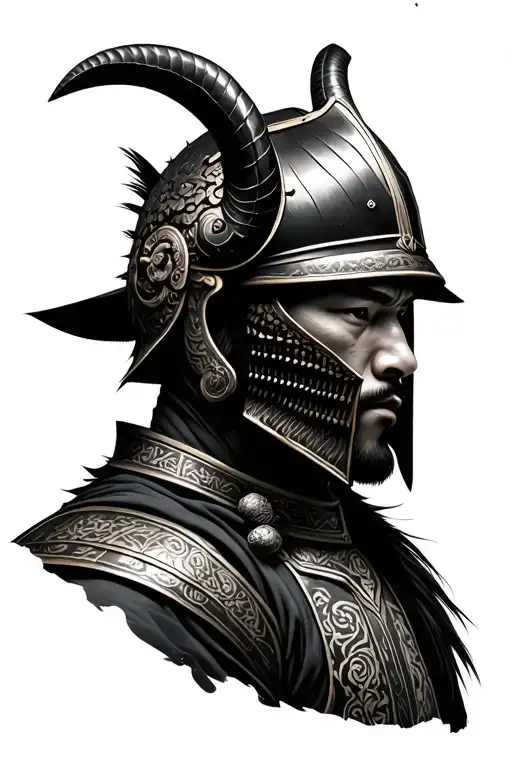 photo realistic ronin samurai warrior wearing a kabuto helmet with decorative maedate horns tattoo design idea