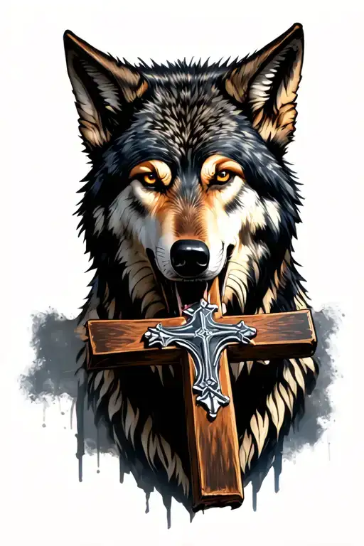 wolf holding a cross in mouth tattoo design idea