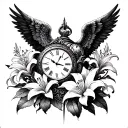 An intricate design of warrior angels intertwined with clocks and stargazer lilies, symbolizing the timeless bond between you, your wife, and two boys tattoo design idea