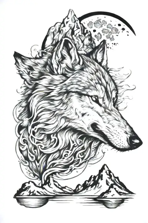 wolf head, mountain range, river flowing, crescent moon  tattoo design idea