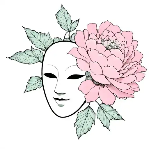 Japanese Okame mask in peony flower with leaves tattoo design idea