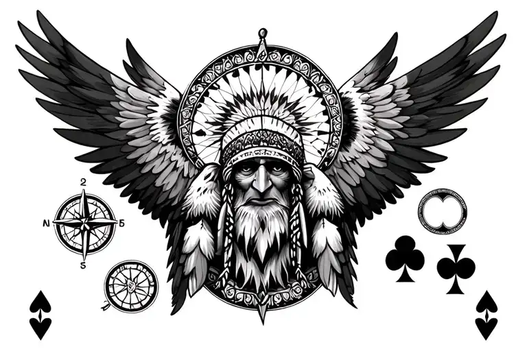 Indian chief, eagle with spread wings, dream catcher, compass, ace of diamonds and ace of hearts tattoo design idea