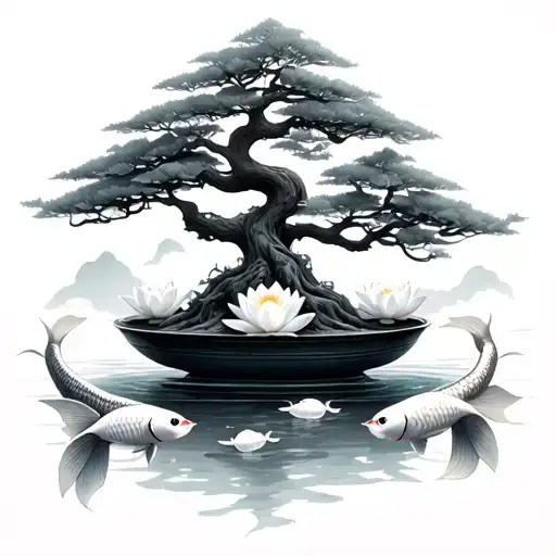 bonsai tree surrounded by koi fish with white lotus pai sho piece from avatar last air bender tattoo design idea