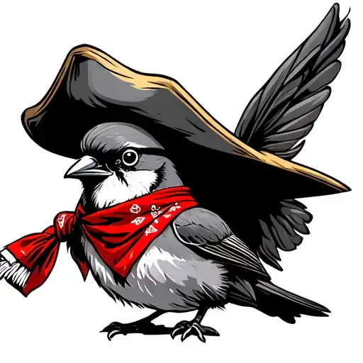 a sparrow dressed like a pirate hat wether a red bandana holding a compass tattoo design idea