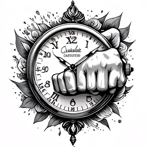 timepiece, baby fist, date of birth and name written tattoo design idea