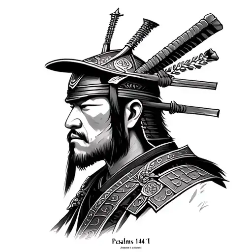 The top of a samurai warrior with Psalms 144: 1 small below, around the tattoo tattoo design idea