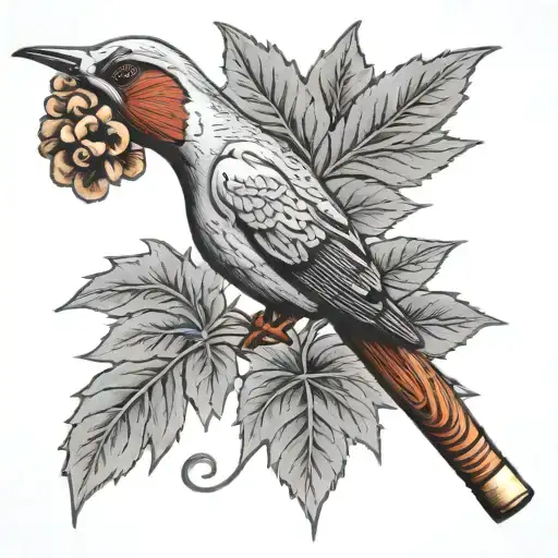 white oak leaves gardenia hummingbird tobacco pipe walking cane tattoo design idea