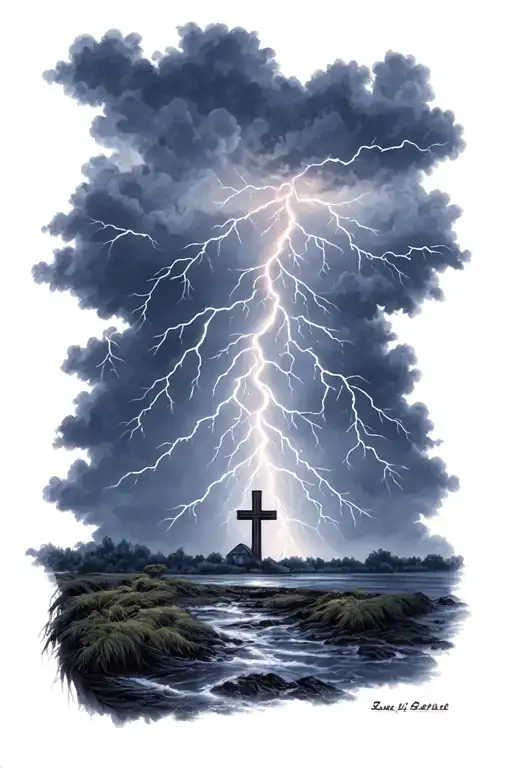 thunderstorm with lighting and cross tattoo design idea