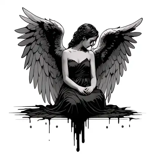 mourning sittingAngel with large wings facing a side profile view tattoo design idea