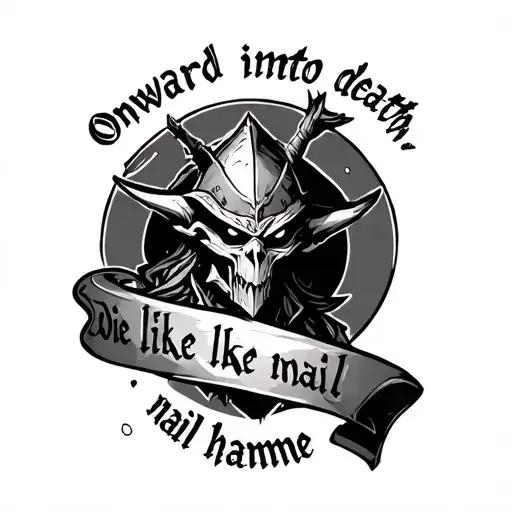 Make a tattoo in the style of the goblin slayer anime and include this saying.Onward into death, die like a nail hamme tattoo design idea
