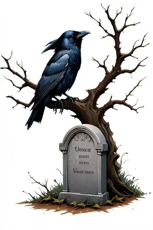 Crow with dead tree and grave stone tattoo design idea