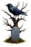 Crow with dead tree and grave stone tattoo design idea