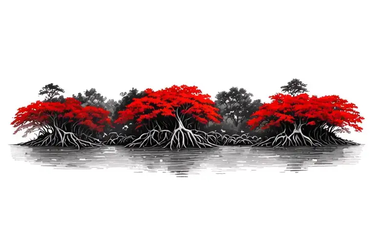 red mangroves, accurate roots and leaves, separation between roots and trunk, black & white, no trees background,  tattoo design idea