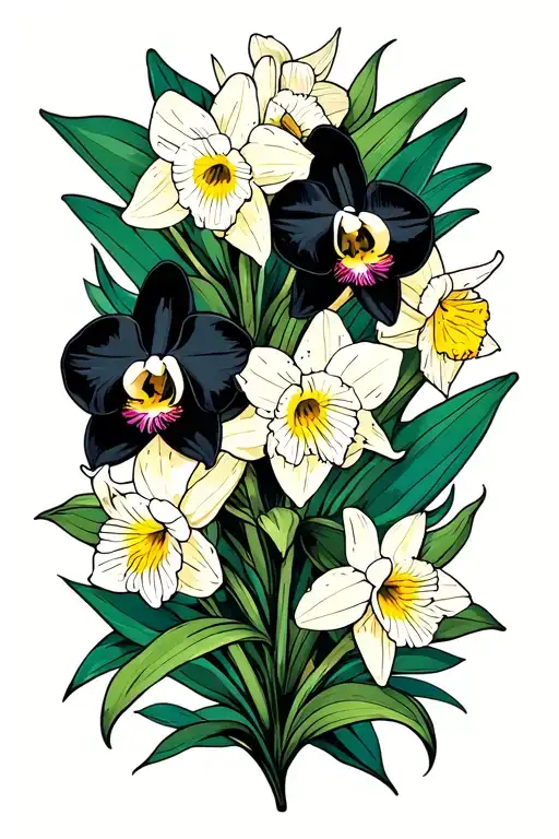 Black orchids and daffodils colour tattoo design tattoo design idea