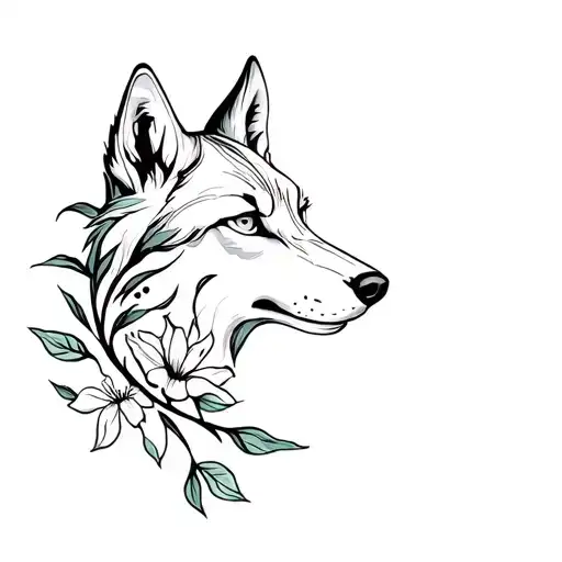 wolf face thin moonflower vine tattoo design idea