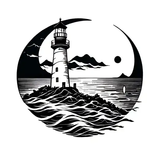 chaotic style lighthouse with crescent moon tattoo design idea