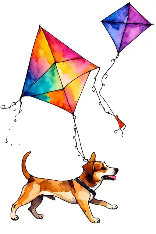 Kite flying dog pulling kite by string in mouth tattoo design idea